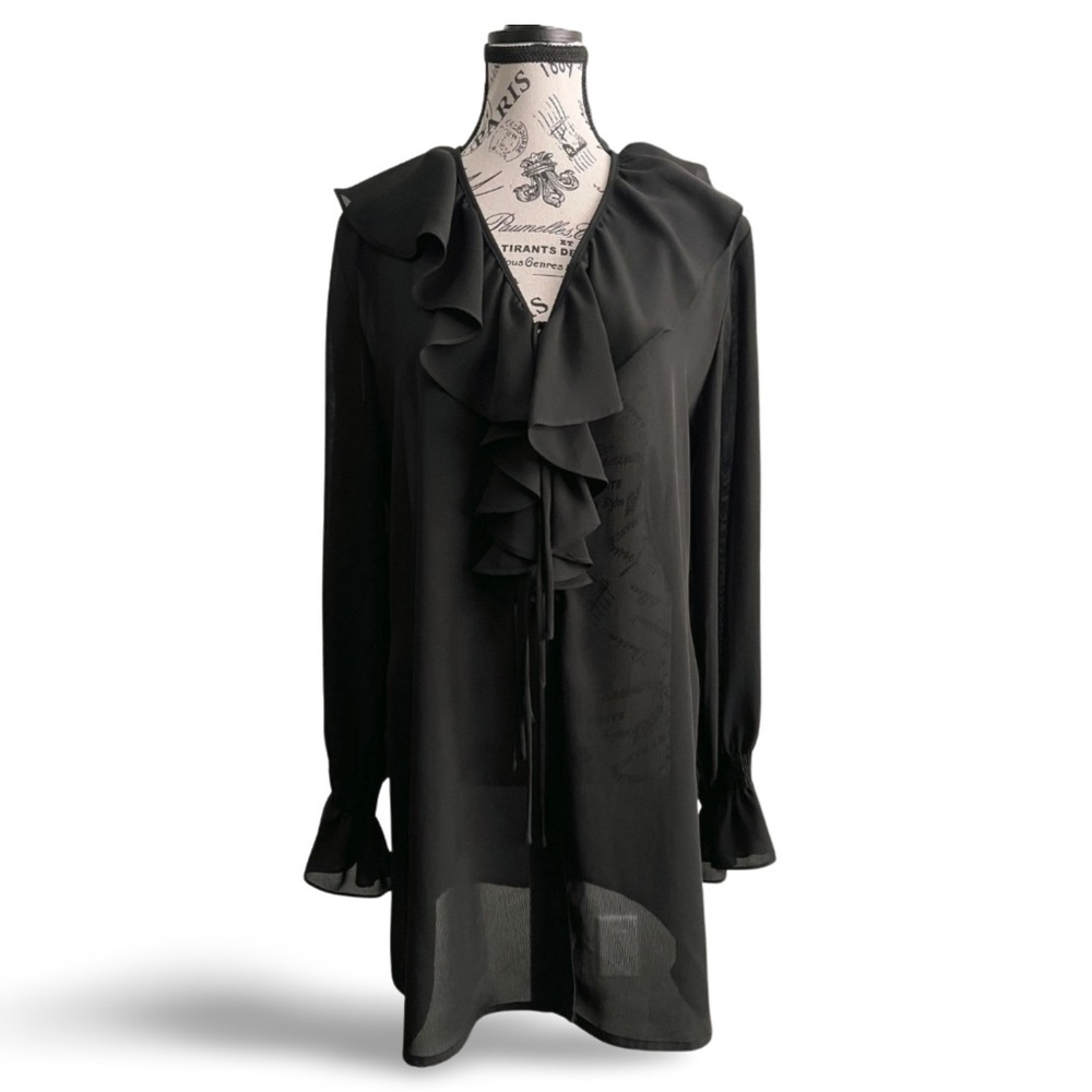 🇨🇦 Vintage 90s Black Sheer Ruffle Long Cardigan Medium Goth Whimsigoth Romantic